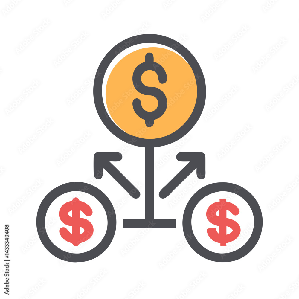Fototapeta premium Money distribution icon; funds being split into multiple sources