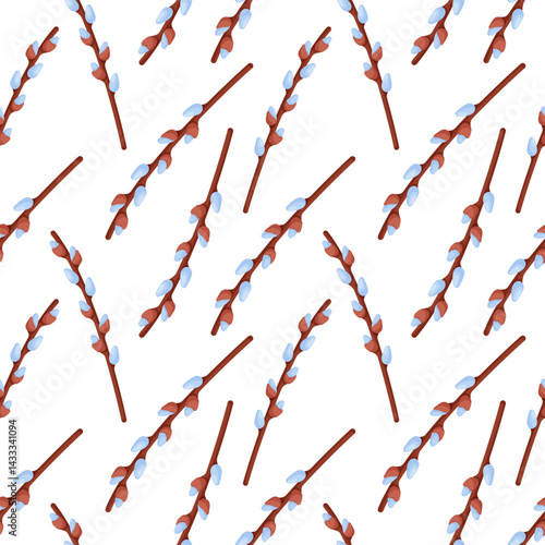 Easter pussy willow wreath seamless pattern. Easter spring twigs blossom pussy willow tree. Vector spring illustration in cartoon on a white background.