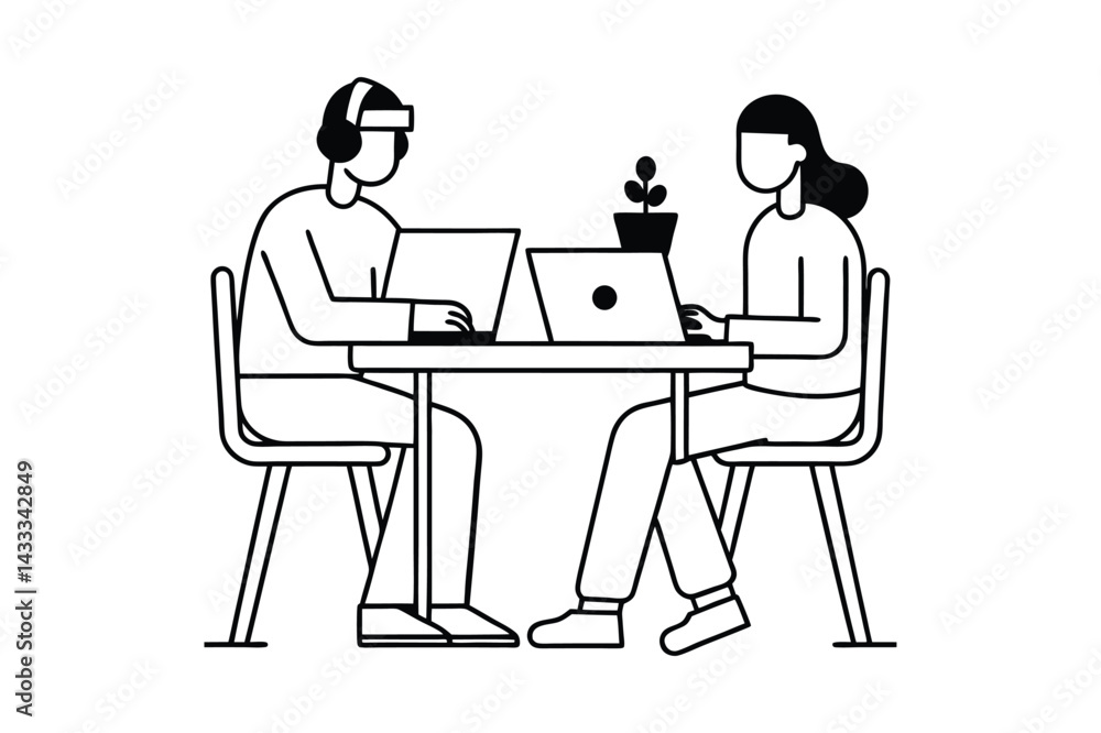 Two persons working together line art vector Two persons working together line art vector