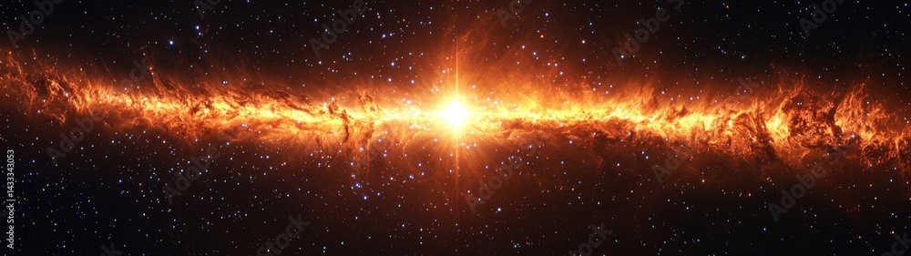 Fototapeta premium A bright, fiery orange nebula radiates light across the expanse of space, surrounded by stars.