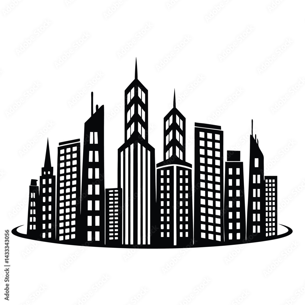 Fototapeta premium Silhouette Cityscape Black and White Urban Skyline with Modern Buildings and Architecture