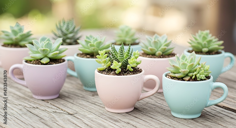 Miniature Succulents in Pastel Teacups on Rustic Wooden Surface Miniature Succulents in Pastel Teacups on Rustic Wooden Surface
