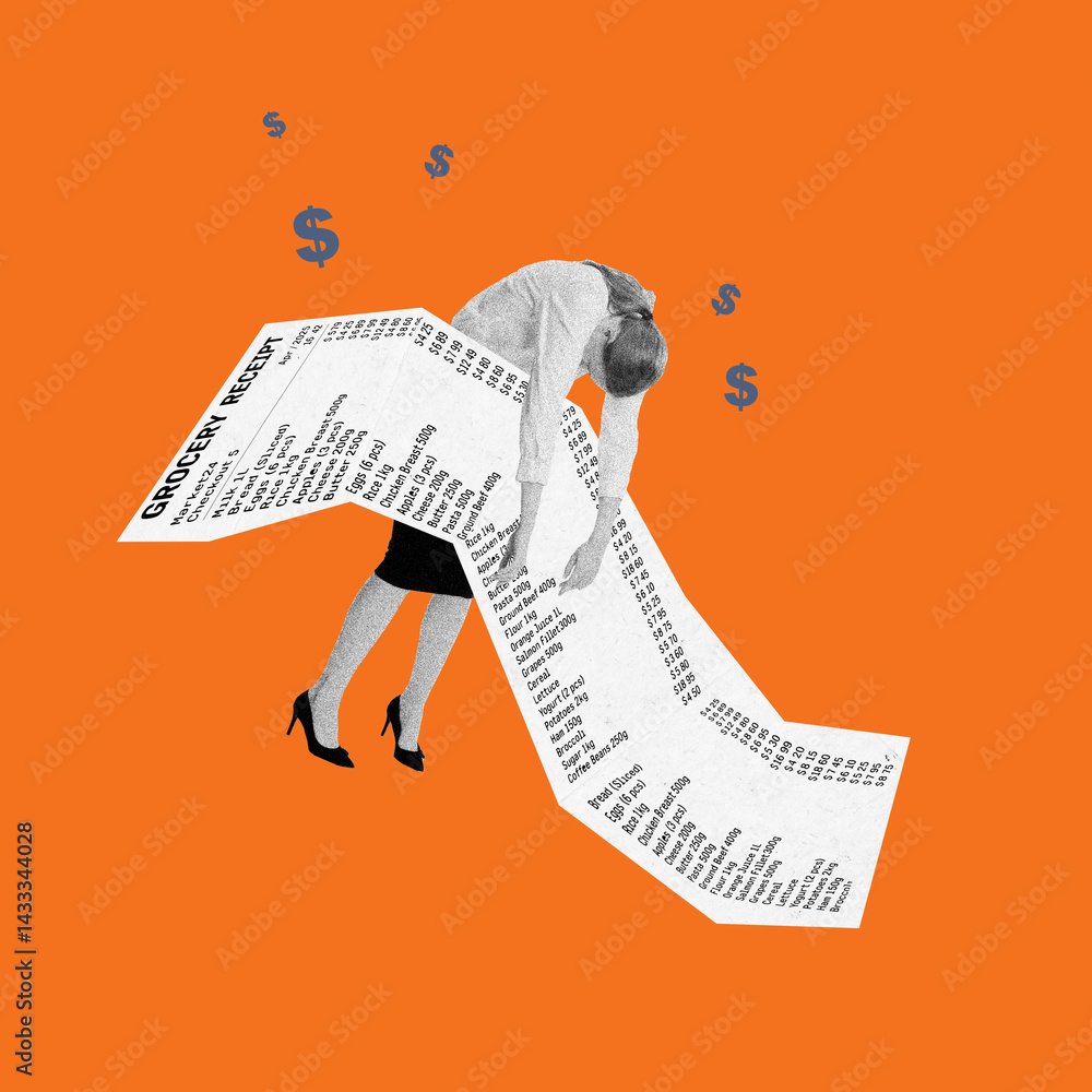 Exhausted woman collapsed over giant grocery receipt illustrating emotional toll of rising everyday expenses. Photocopy effect. Conceptual design. Concept of economy, economic crisis, inflation