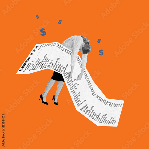 Obraz na płótnie Exhausted woman collapsed over giant grocery receipt illustrating emotional toll of rising everyday expenses. Photocopy effect. Conceptual design. Concept of economy, economic crisis, inflation w salonie