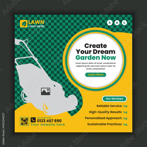 Corporate modern Lawn and gardening service social media posts design, or agriculture and organic food campaign posts, online banner design, web banner template