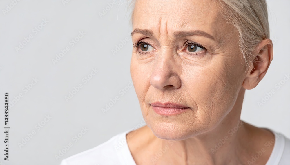 Fototapeta premium Mature Woman's Thoughtful Face Close Up Portrait Showing Wrinkles and Aging Skin