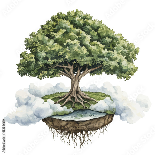 illustration of Massive Tree Whose Roots Touch The Clouds, watercolor vector, isolated on a white background.