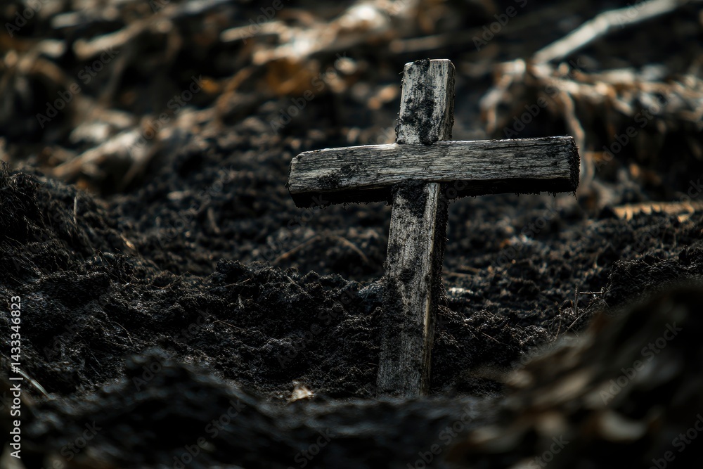 Wooden Cross in Dark Ground Wooden Cross in Dark Ground