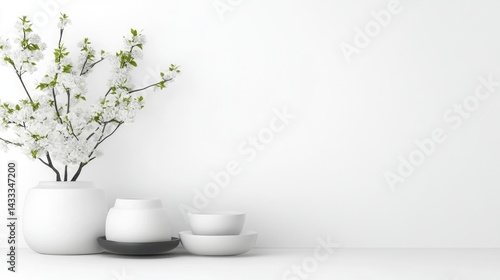 Wallpaper Mural Minimalist, white home decor with delicate cherry blossoms.  Simple, elegant, and serene display of ceramic vases and bowls against a clean white wall Torontodigital.ca
