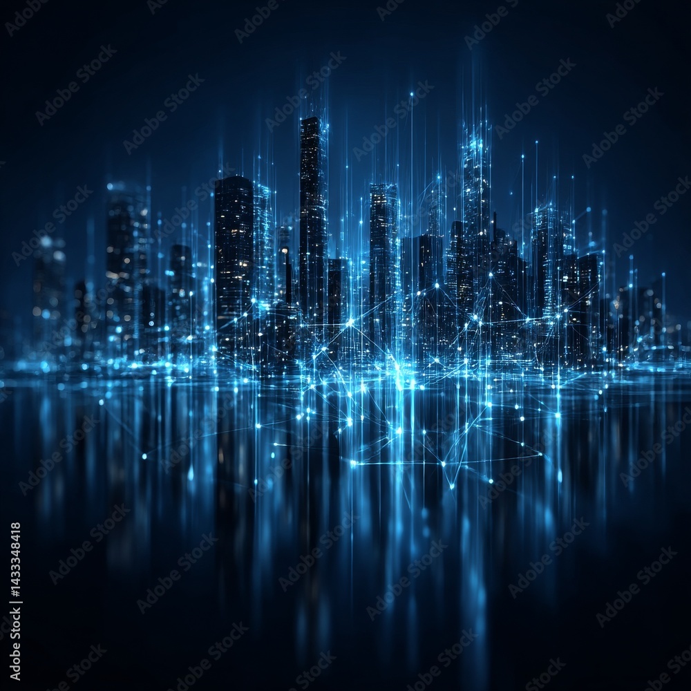 Fototapeta premium Futuristic Cityscape with Glowing Data Connections: Visualizing Digital Network in Urban Environment