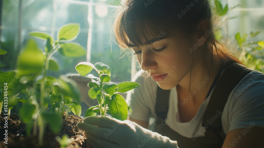 Young adult female transplants seedlings, showing care, nurturing, emphasizing spring, growth, new beginnings, nature. Young adult female transplants seedlings, showing care, nurturing, emphasizing spring, growth, new beginnings, nature.