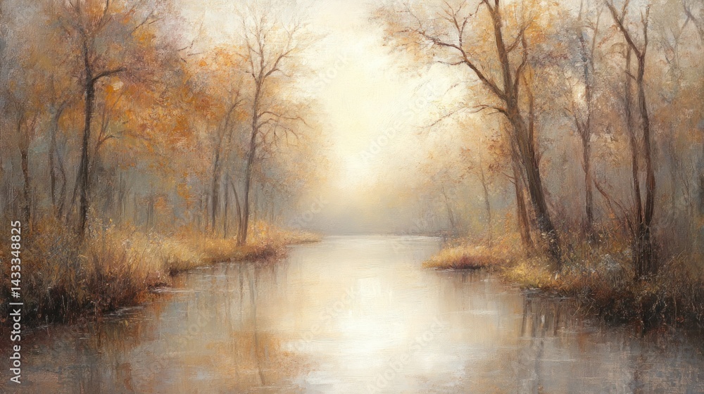 Fototapeta premium A tranquil river flows through a muted autumnal forest