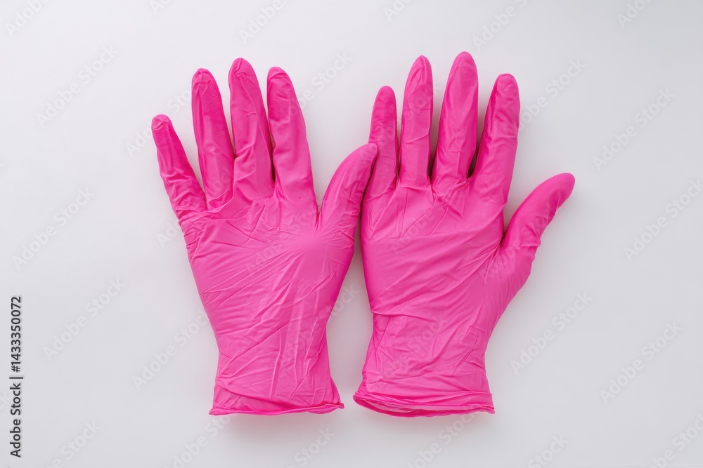 Two bright pink disposable gloves are positioned on a white background, ready to provide protection and hygiene, useful for various applications and occupations. Two bright pink disposable gloves are positioned on a white background, ready to provide protection and hygiene, useful for various applications and occupations.