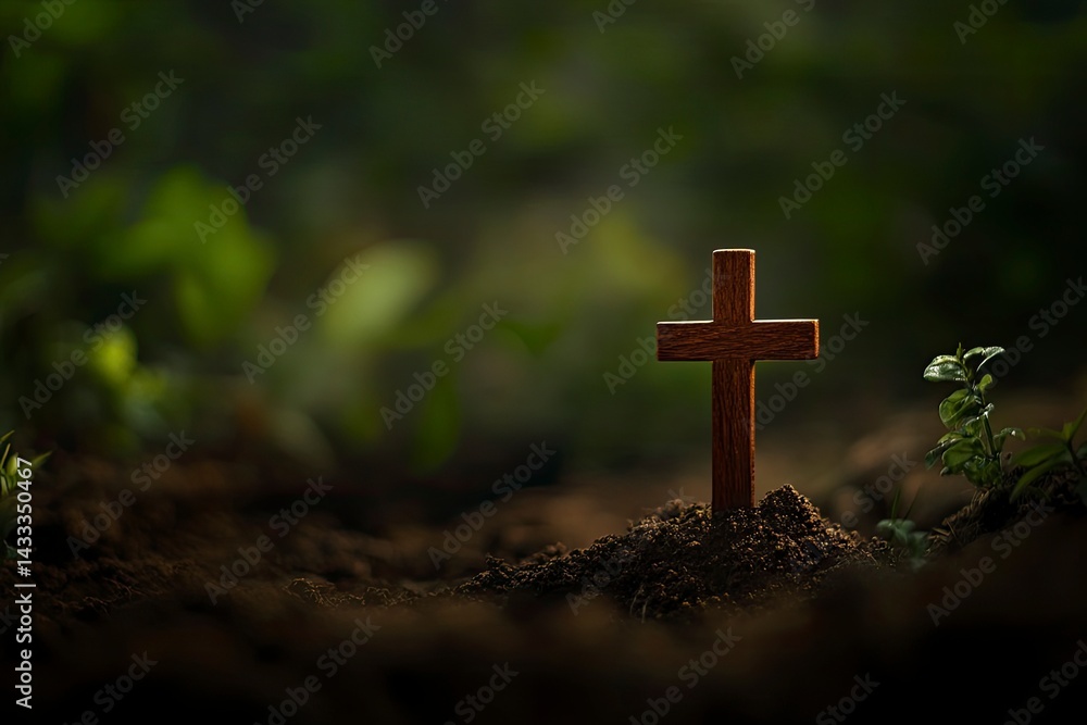Wooden Cross in Soil Under Green Leaves Wooden Cross in Soil Under Green Leaves