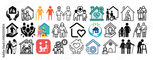 Set of Elderly Care, Assisted Living, Senior Wellness, Home Care, Elderly Care Home and Nursing icon set collection vector design.