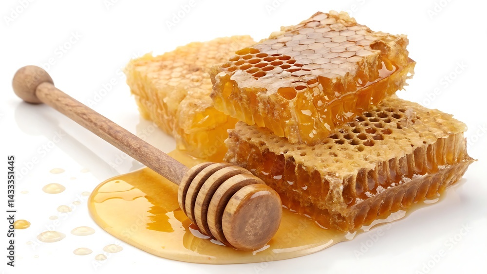 Golden honeycomb glistening with natural honey, accompanied by a rustic wooden honey dipper on a clean, white surface.