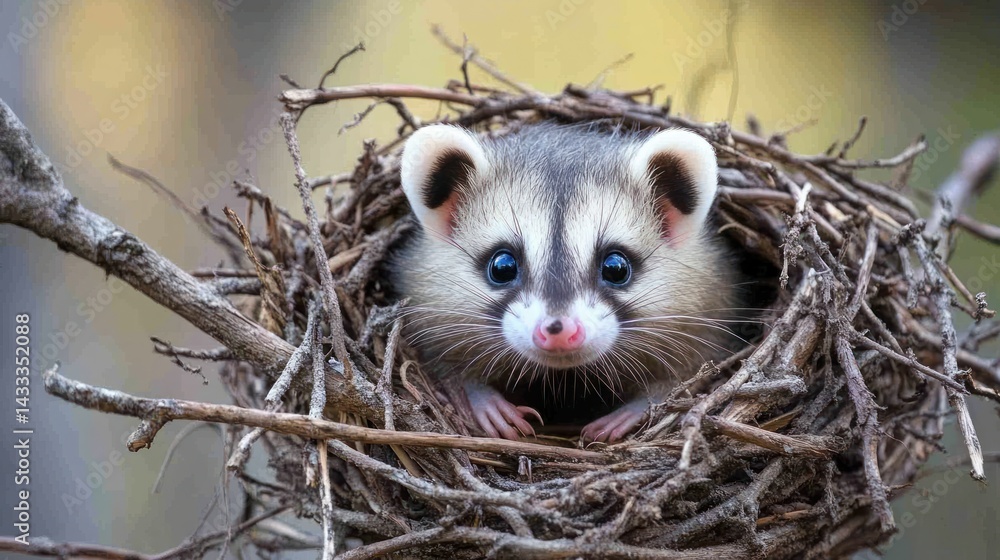 Baby raccoon looks from its nest, displaying its adorable features, innocent eyes, small paws. Baby raccoon looks from its nest, displaying its adorable features, innocent eyes, small paws.