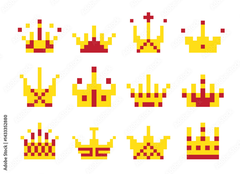Pixel art crown, 8 bit king icon, retro style queen symbol, minimalist princess tiara mosaic