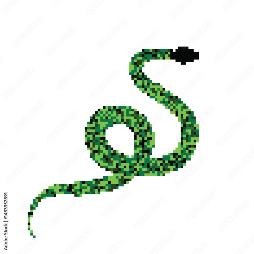 Pixel snake icon, 8 bit viper symbol, retro style computing serpent sign, simple snake silhouette
