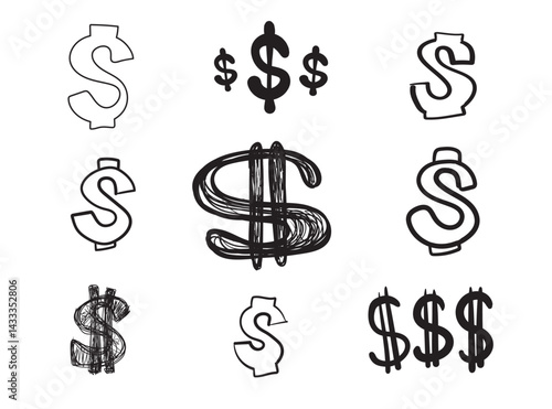 Hand drawn dollar icon, USA currency sign, usd coin symbol, dollars ink drawing, price vector illustration