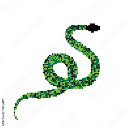 Pixel snake icon, 8 bit viper symbol, retro style computing serpent sign, simple snake silhouette