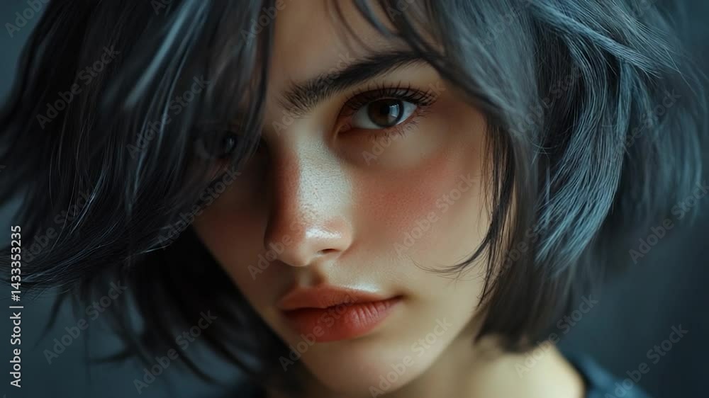 Close-up portrait of a young woman with tousled hair, softly lit Close-up portrait of a young woman with tousled hair, softly lit