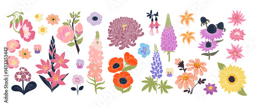 Abstract flower. Design with floral patterns. Nature art, cute doodle graphic. Plant drawing color. Chamomile rose and chrysanthemum. Modern decorative illustration. Vector botanical isolated set