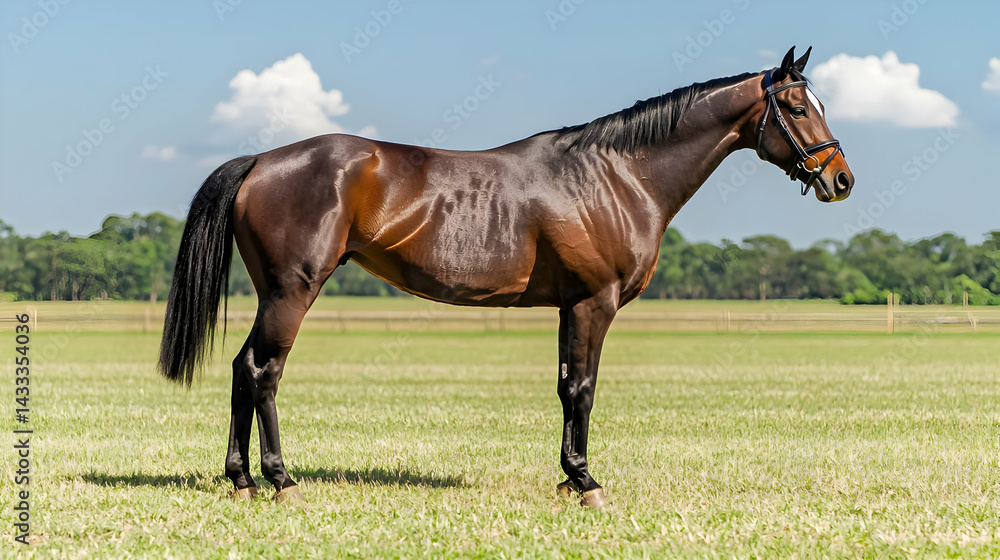 Obraz premium Side Profile of Brown Horse Standing in Green Field with Blue Sky and White Clouds on a Sunny Day