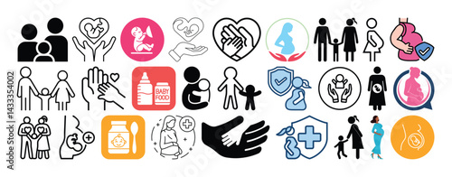 Set of Pregnancy, Childcare, Maternity Care, Baby Nutrition, Childcare and Parenting icon set collection vector design.