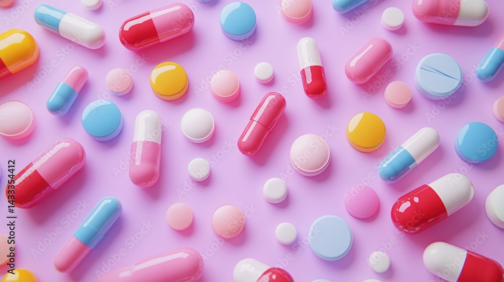 Assorted pills and capsules on a pastel pink background Assorted pills and capsules on a pastel pink background