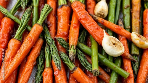 roasted vegetables spring vegetables close-up food glazed vegetables carrots asparagus garlic seasonal vegetables vegetable medley
