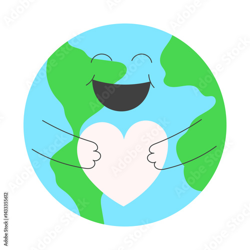 Smiling Earth Embracing a Heart. Earth Day Concept, Love and Care for the Planet. Flat Vector Illustration.
