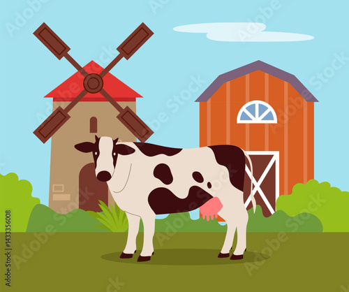 Cartoon farm. Cow at agriculture field. Framer ranch. Domestic animal graze. Mill and barn buildings. Countryside meadow with cattle. Farming husbandry. Village house. Vector farmyard illustration