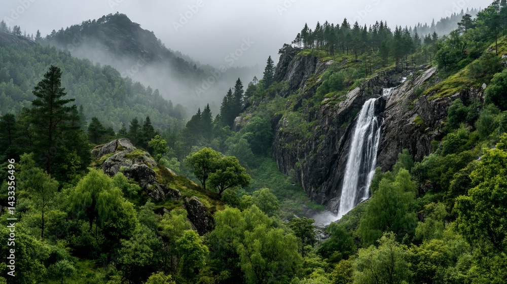 Fototapeta premium Misty mountain waterfall scene. Lush green valley