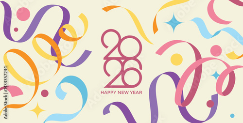 Creative Design to 2026 Happy New Year Celebration Concept, Banner with a Variety of colorful confetti and 2026 Logo text design