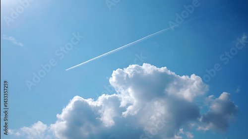 A blue sky with a cloud and a jet plane
