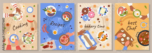 Food cooking. Bakery time. Chef arms. Lunch preparation. Hands frying eggs omelet top view. Cook recipe. Pastry cake baking. Kitchen product. Diet meal ingredient. Culinary vector posters design set