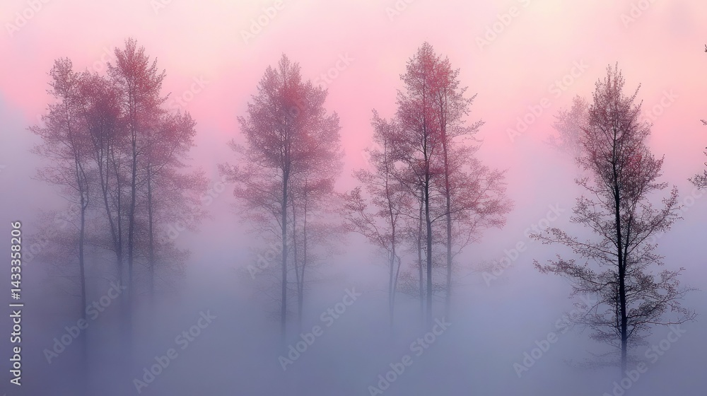 Silhouetted trees emerge through a hazy and colored ethereal fog