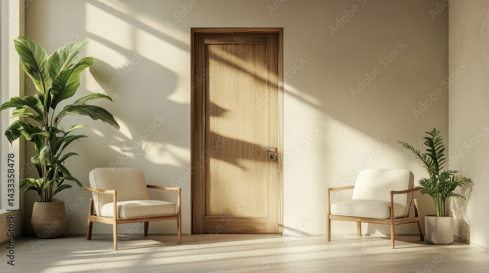 Fototapeta premium Room features two armchairs, wooden door, potted plants, enjoying natural light, beige wall creating tranquil space.