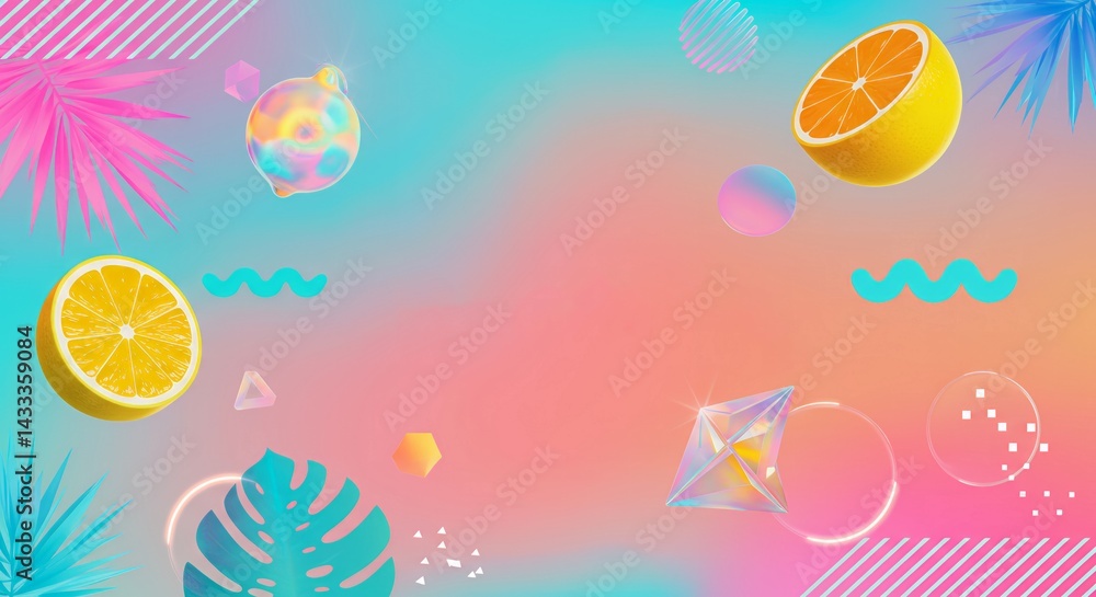 Vibrant and playful abstract collage with an infinity symbol, citrus slices, geometric shapes, and tropical leaves on a gradient background. Fun, modern design. Vibrant and playful abstract collage with an infinity symbol, citrus slices, geometric shapes, and tropical leaves on a gradient background. Fun, modern design.