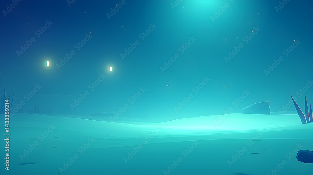 Fototapeta premium Night scene, glowing lights, low-poly desert landscape, mysterious background, ideal for game backgrounds or fantasy art