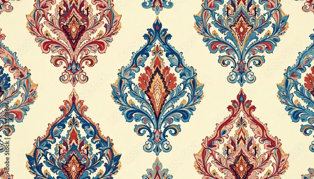 Symmetrical paisley damask pattern, muted tones on cream background , pattern, vector, interior design Symmetrical paisley damask pattern, muted tones on cream background , pattern, vector, interior design