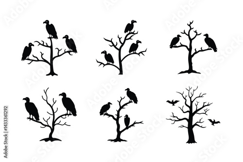 Wildlife Vultures Silhouette Vector Illustration on Tree