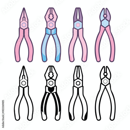 Cartoon and Silhouette Pliers Icon Set – Hand Tools Vector Collection for Construction and Repair