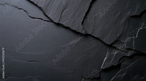 Close-up view of dark grey natural slate stone surface with rough texture and prominent cracks, creating an abstract background.