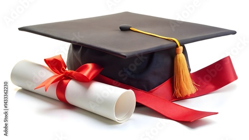 Graduation Cap and Diploma isolated on a white​ ​background