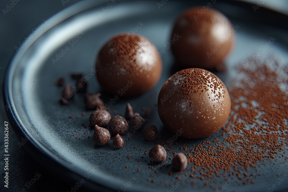 Elegant chocolate truffles on a dark plate Elegant chocolate truffles on a dark plate