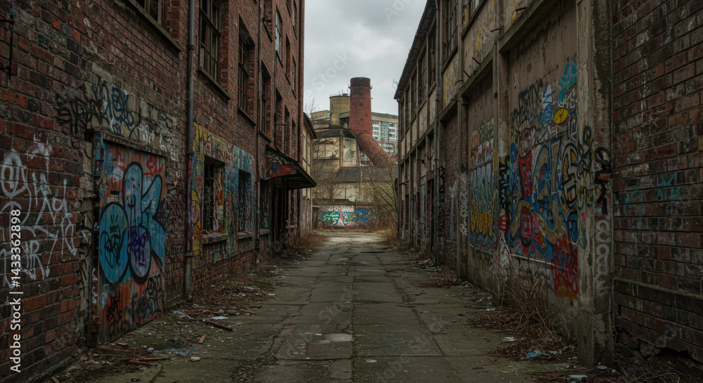 Fototapeta premium Gritty Urban Alleyway – Graffiti, Abandoned Buildings, and Post-Industrial Decay