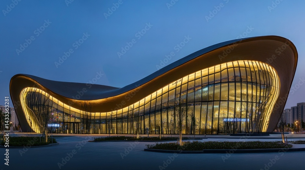 Fototapeta premium The modern architectural structure is lit up during the evening twilight