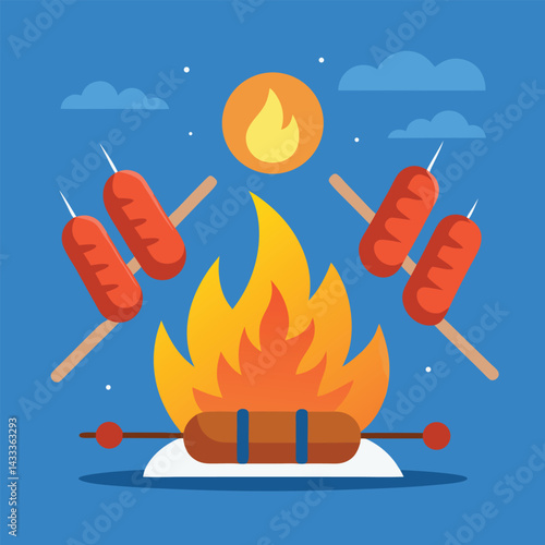 Camping Food & Cooking Gear vector silhouette illustration Hot dogs roasting on multiple skewers in social group campfire setting
